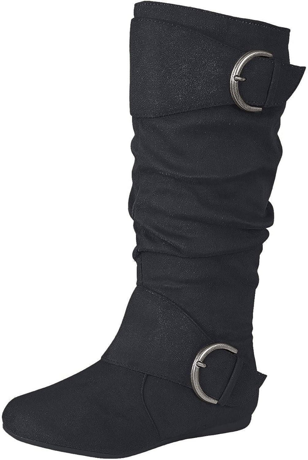 Forever Link Women's Closed Round Toe Buckle Slouch Flat Heel Mid-Calf Boot