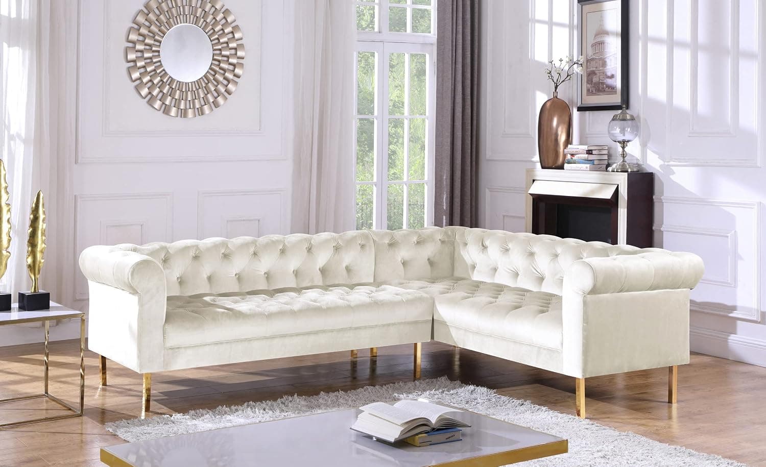 Iconic Home Giovanni Right Facing Sectional Sofa L Shape Velvet Upholstered Button Tufted Roll Arm Design Solid Gold Tone Metal Legs Modern Transitional, Beige