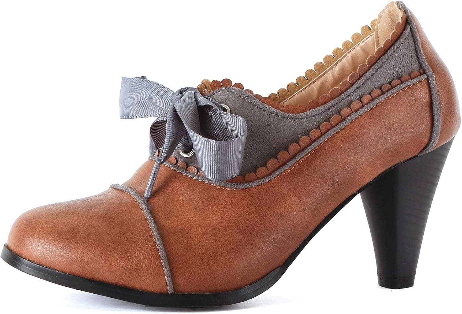 Guilty Shoes - Classic Retro Two Tone Embroidery Wing Tip Lace Up Kitten Heel Pump Oxfords Shoes Oxfords, CognacGrey, 10 (B) M US