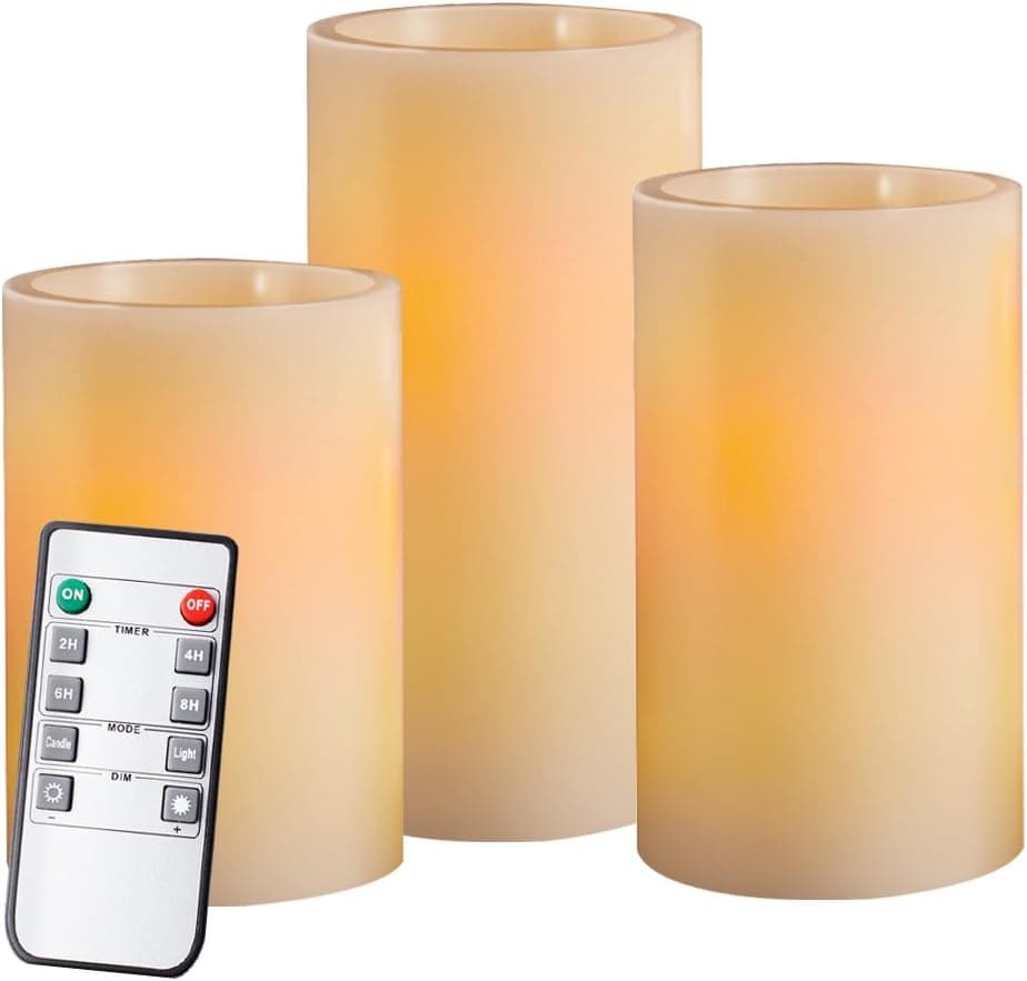 Homemory 4" 5" 6" Real Wax 200+ Hours Flameless Candles with Timer and Remote Control, Pillar Battery Operated Candles, Amber Yellow