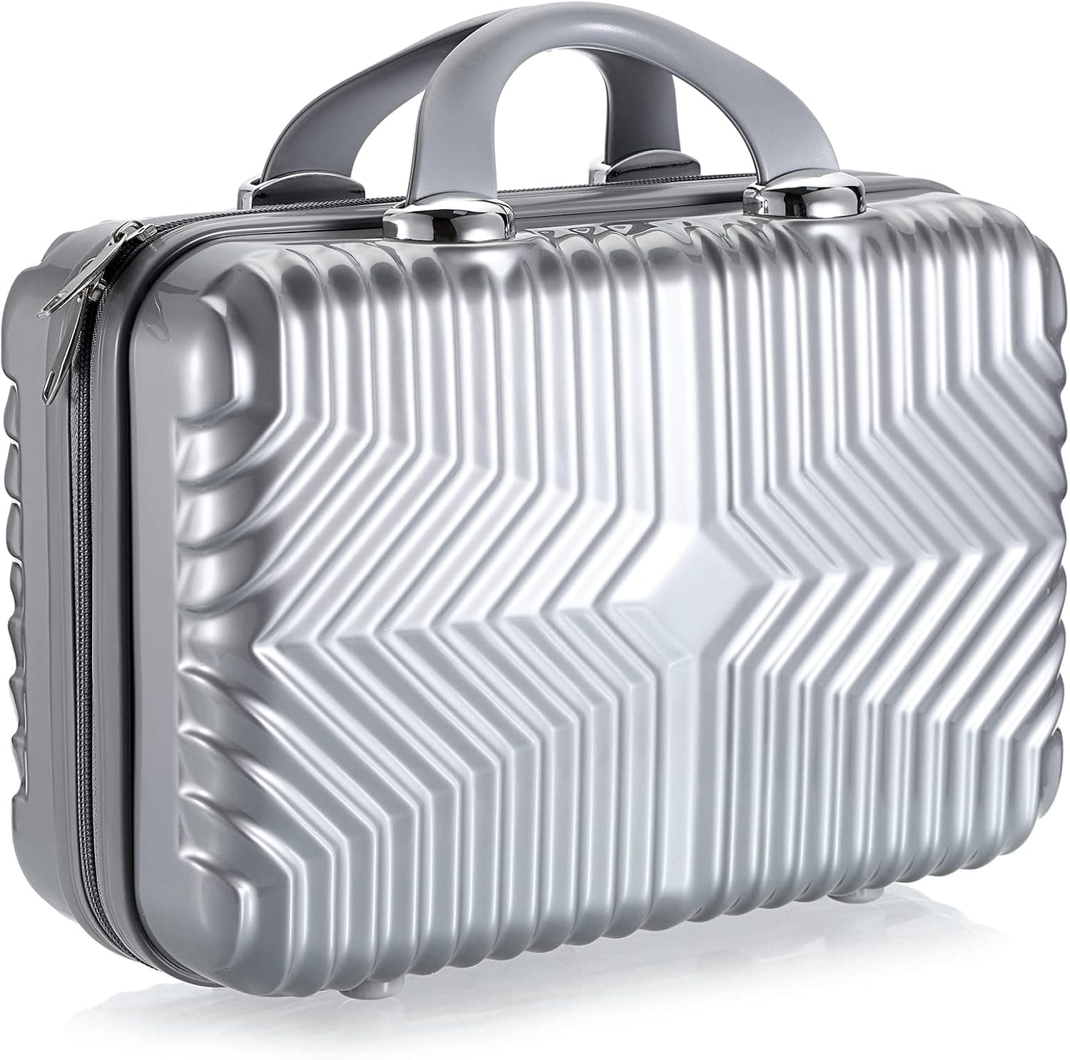 BSTKEY Portable Makeup Travel Case, Hard Shell Cosmetic Case Hand Luggage Bag Organizer, Mini ABS Carrying Suitcase for Women Girls, Silver