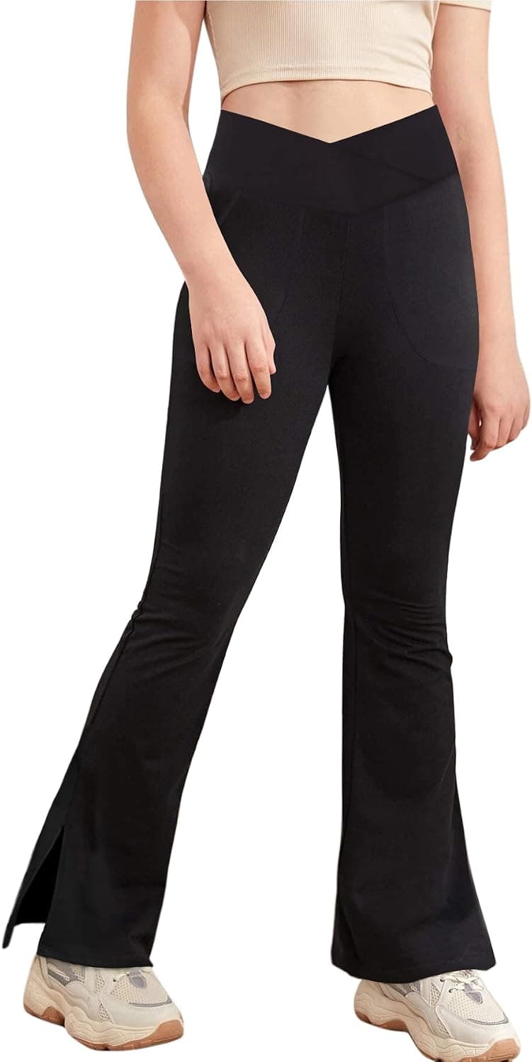 Girl's Leggings Cross High Waist Split Hem Yoga Pants Solid Color Dance Active Leggings Bell Bottoms with Pocket
