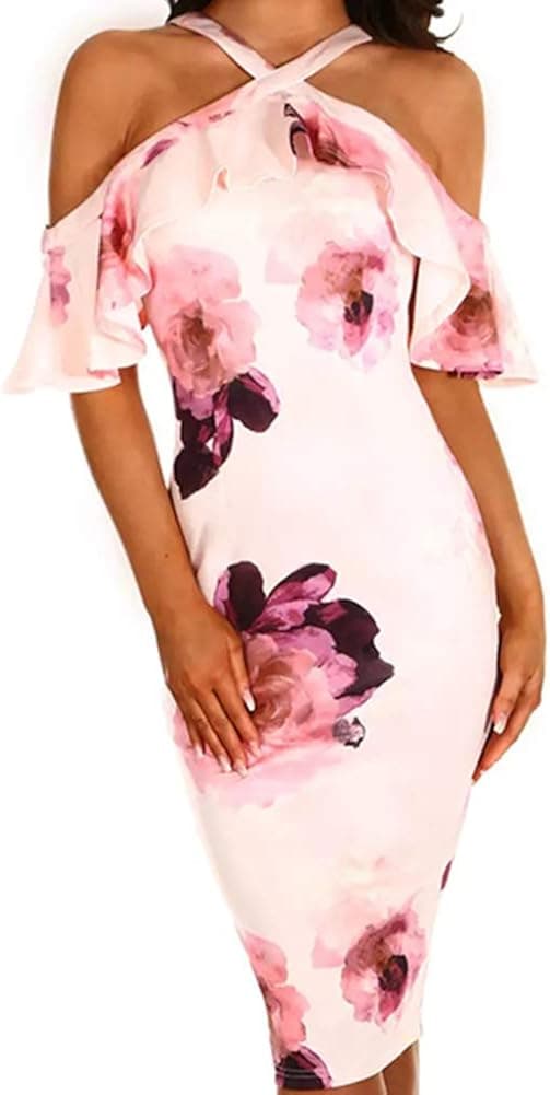 Women's Summer Off The Shoulder Dress, Printed Short Sleeve Sling Midi Dress for Vacation, Travel, Party, Beach