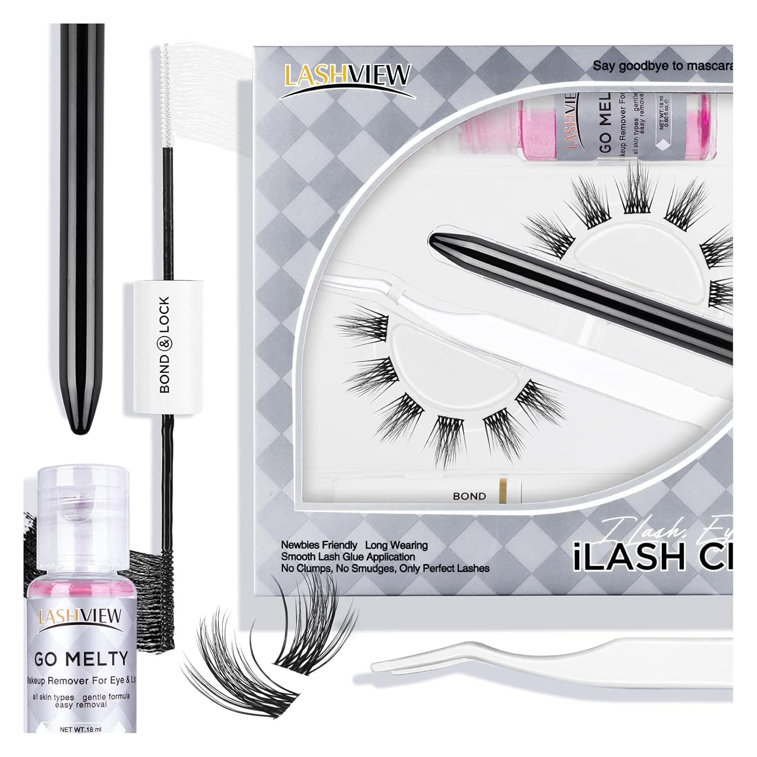 LASHVIEW DIY Eyelash Extension Kit,12 Clusters Volume Lashes Set with Applicator and Bond & Seal,Eyelash Extension Remover,Eye lifting 3D Effect,C curl Lashes Pack 10mm-Twin Flame