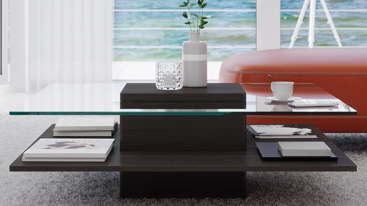 Zuri Louie Brown Wooden Coffee Table with Glass Top
