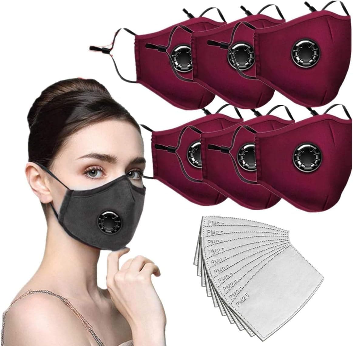 Continental Luxury 6 Dark Red Cotton Washable, Reusable, Face Coverings with 12 Filters Triple Layer Protection Shipping from USA