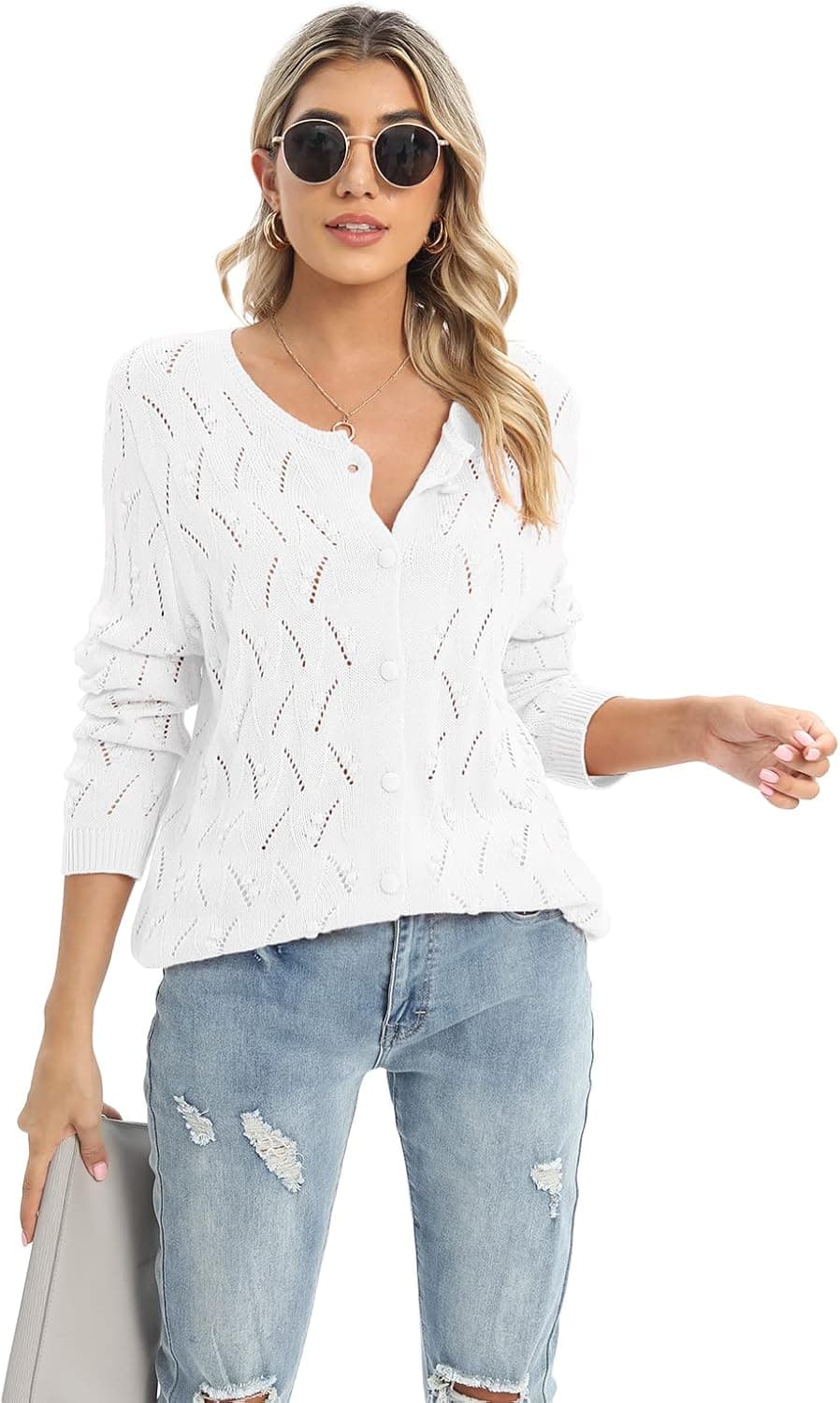 Ingzy Women's Long-Sleeve Open Front Cardigan Sweater Knit Button Lightweight Sweater Coat