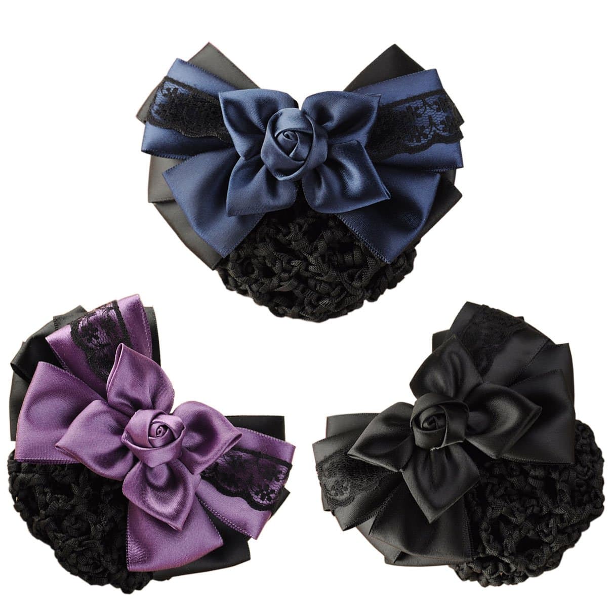 LiveZone (Pack of 3) Women Hair Bun Cover Net Snood Hairnet Bowknot Decor Barrette Hair Clip Bow Lace Flower Hair Accessories,3 Color-Black & Blue & Purple
