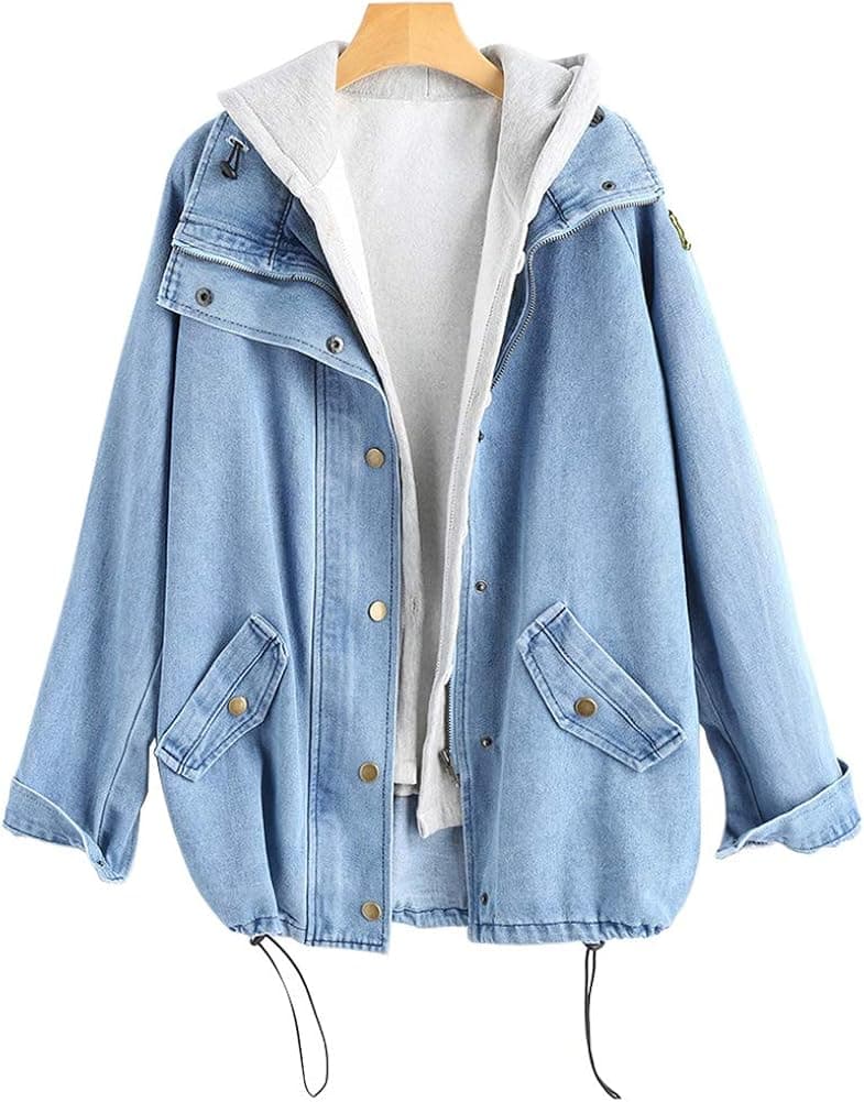 LifeShe Women Button Up Denim Jean Jackets Coat with Hooded 2 Piece (Blue, L)