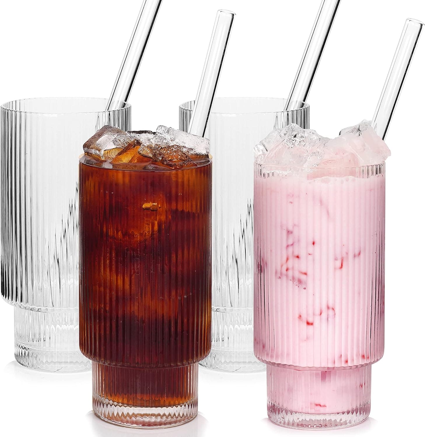 Ribbed Glassware Set of 4, 14oz Ribbed Glass Cups with Glass Straw, Ribbed Juice Glass Fluted Glassware Ribbed Drinking Glasses for Margaritas Whiskey Smoothie Ice Tea Coffee Soda Cocktail Beer Gift