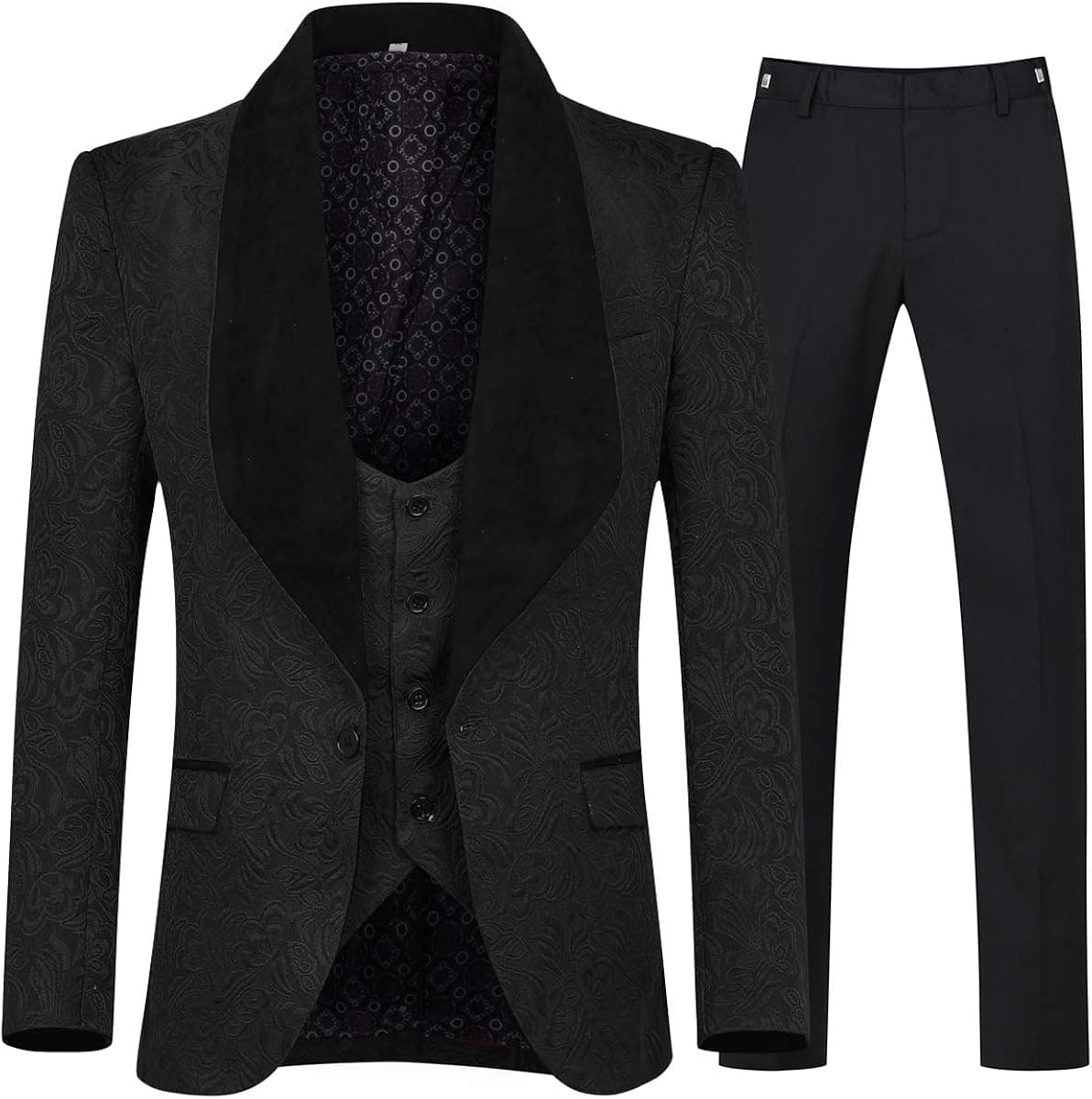 YFFUSHI Men's 3 Piece Suit Slim Fit Jacquard Tuxedo One Button Shawl Collar Jacket Vest & Trousers