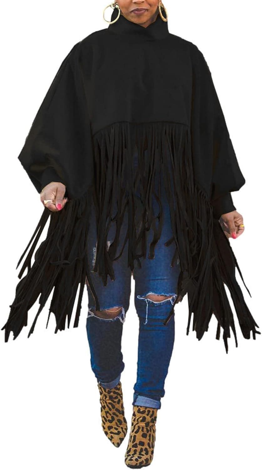 Oversized Pullover Tops for Women Plus Size Casual High Neck Long Sleeve Top Vintage Tassel Tops Dress Coat