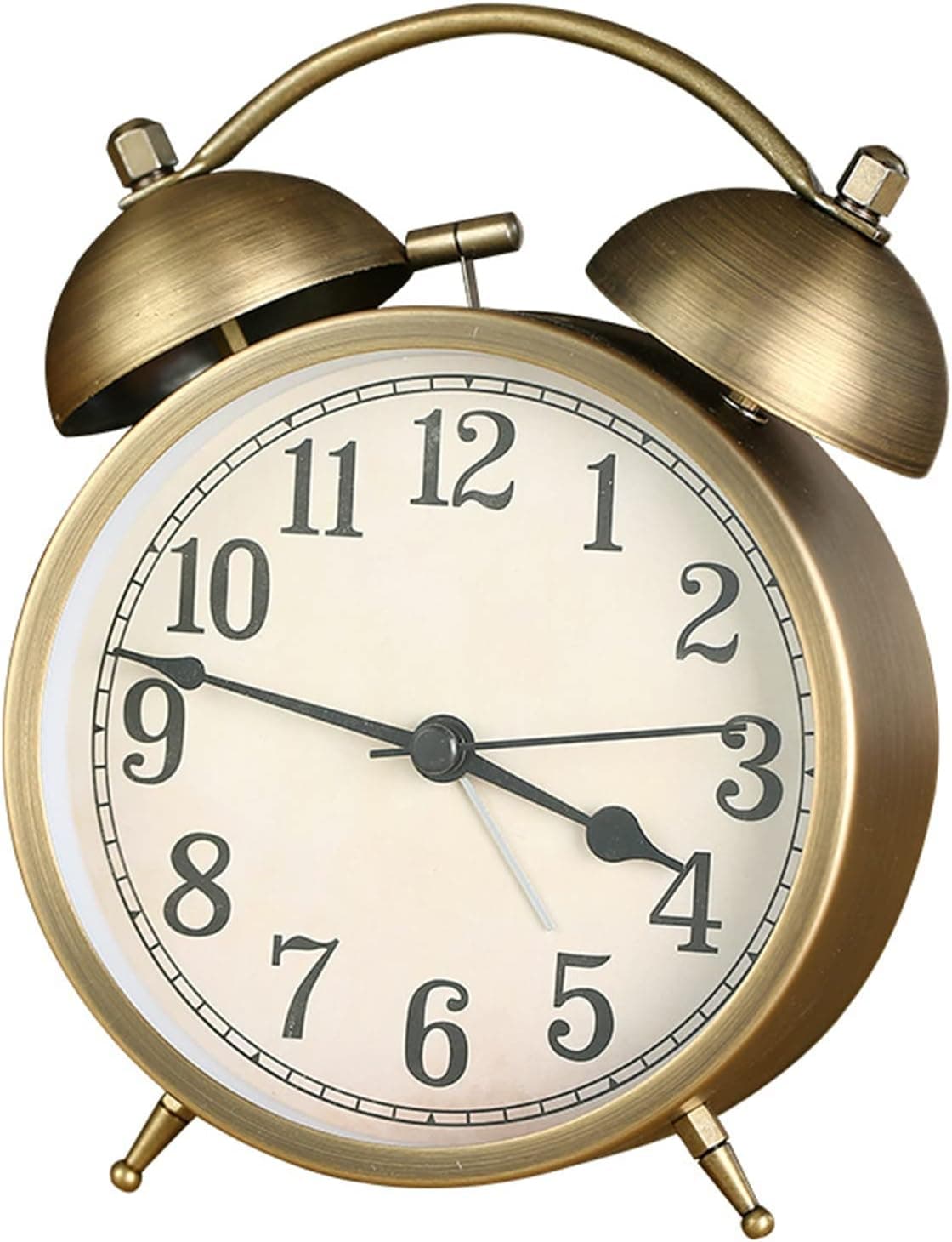 JUSTUP Metal Twin Bell Alarm Clock, 4-Inch Vintage Gold Small Analog Silent Table Desk Alarm Clock Battery Operated with Backlight Loud for Heavy Sleepers Bedroom (Arabic)