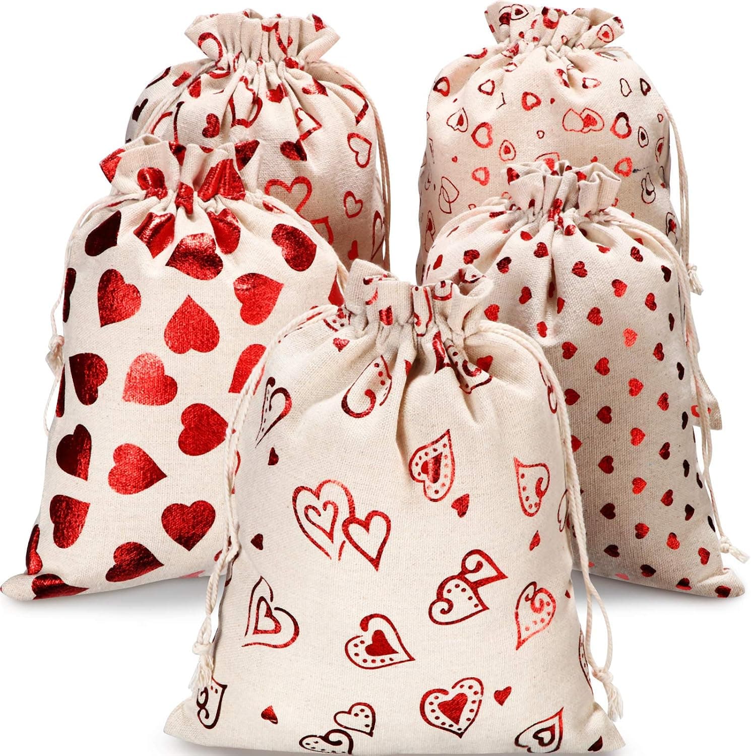 Shappy 5 Pieces 8 x 10 Inch Valentine's Day Canvas Muslin Bags Heart Print Candy Bags Packing Pouches with Drawstring for Valentine's Day Christmas Party Wedding Favors