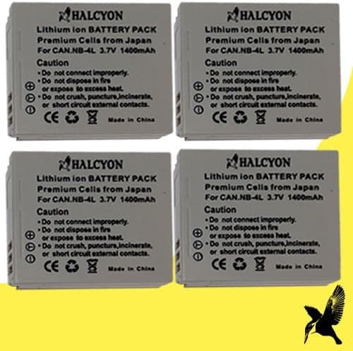 Four Halcyon 1400 mAH Lithium Ion Replacement Battery for Canon PowerShot ELPH SD 960 is Digital Camera and Canon NB-4L
