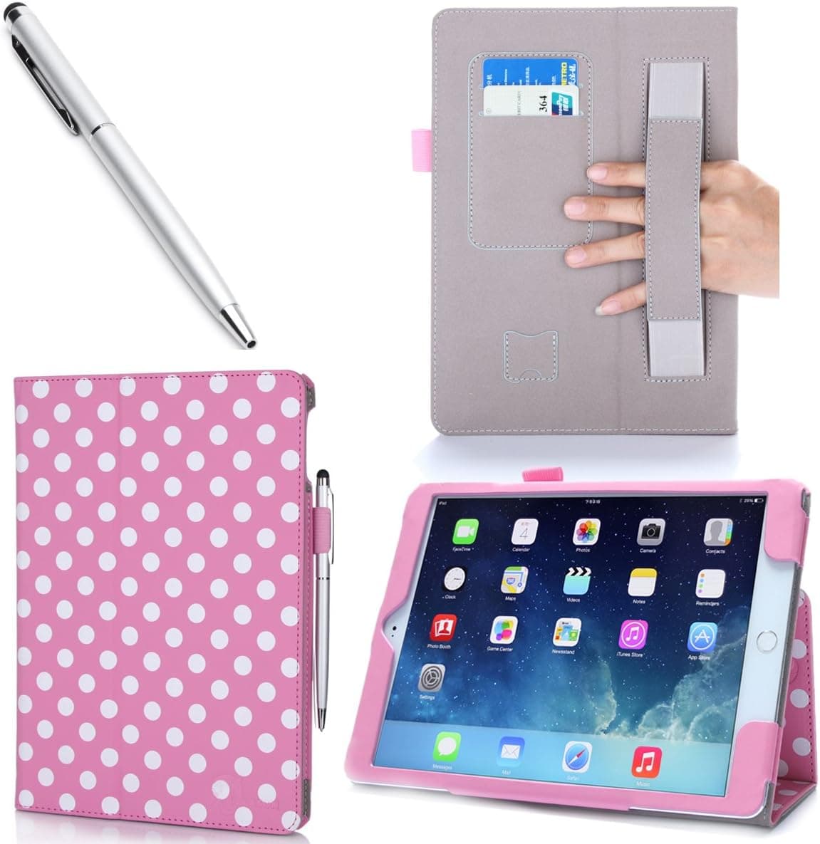 iPad Air 2 Case, i-Blason Apple iPad Air 2 Case [2nd Generation] Auto Wake/Sleep Smart Case Leather Case (Elastic Hand Strap, Multi-Angle, Card Holder) With Bonus Stylus - Dalmation/Pink