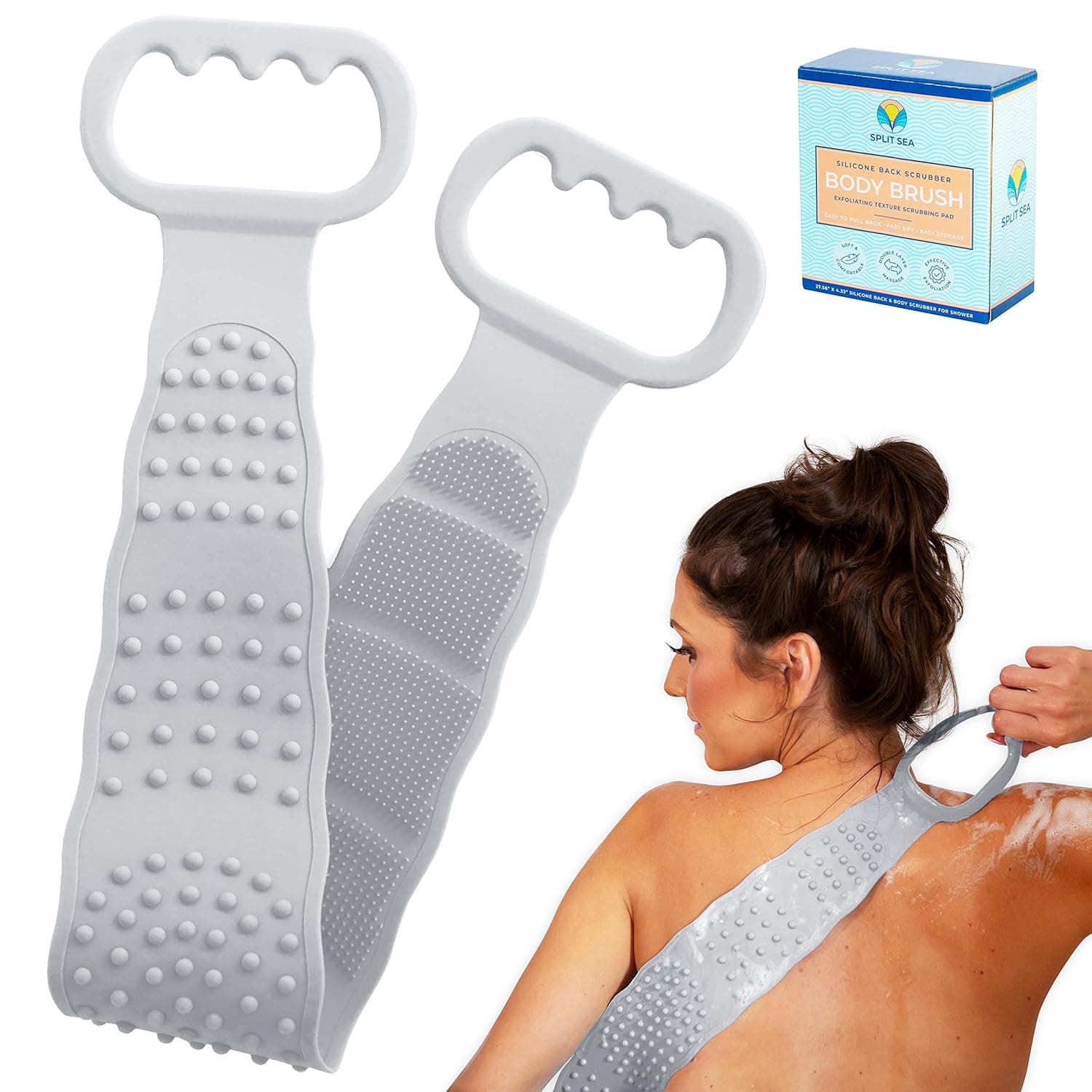 Back Scrubber for Shower, Silicone Bath Body Brush Cleanses, Exfoliates & Massages Dual-Sided Easy to Clean Premium Invigorate Skin, Improve Acne & Bathe SplitSea (27.5 Inch, Stringray Gray)