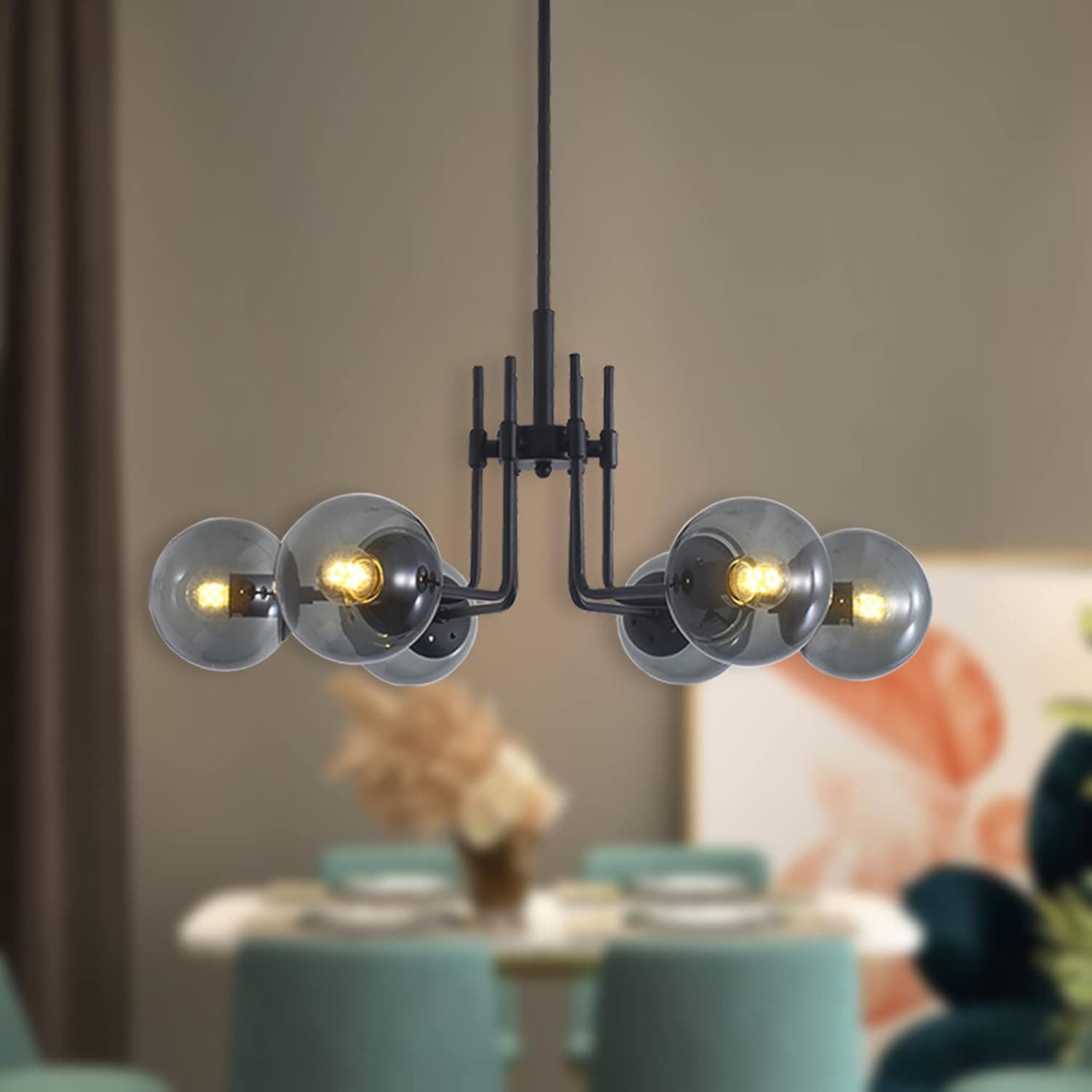 FivesStrip 6-Light Sputnik Chandelier, Modern Ceiling Light with Glass Globe, Black Pendent Lighting for Dining Room Living Room Bedroom Kitchen, Silver