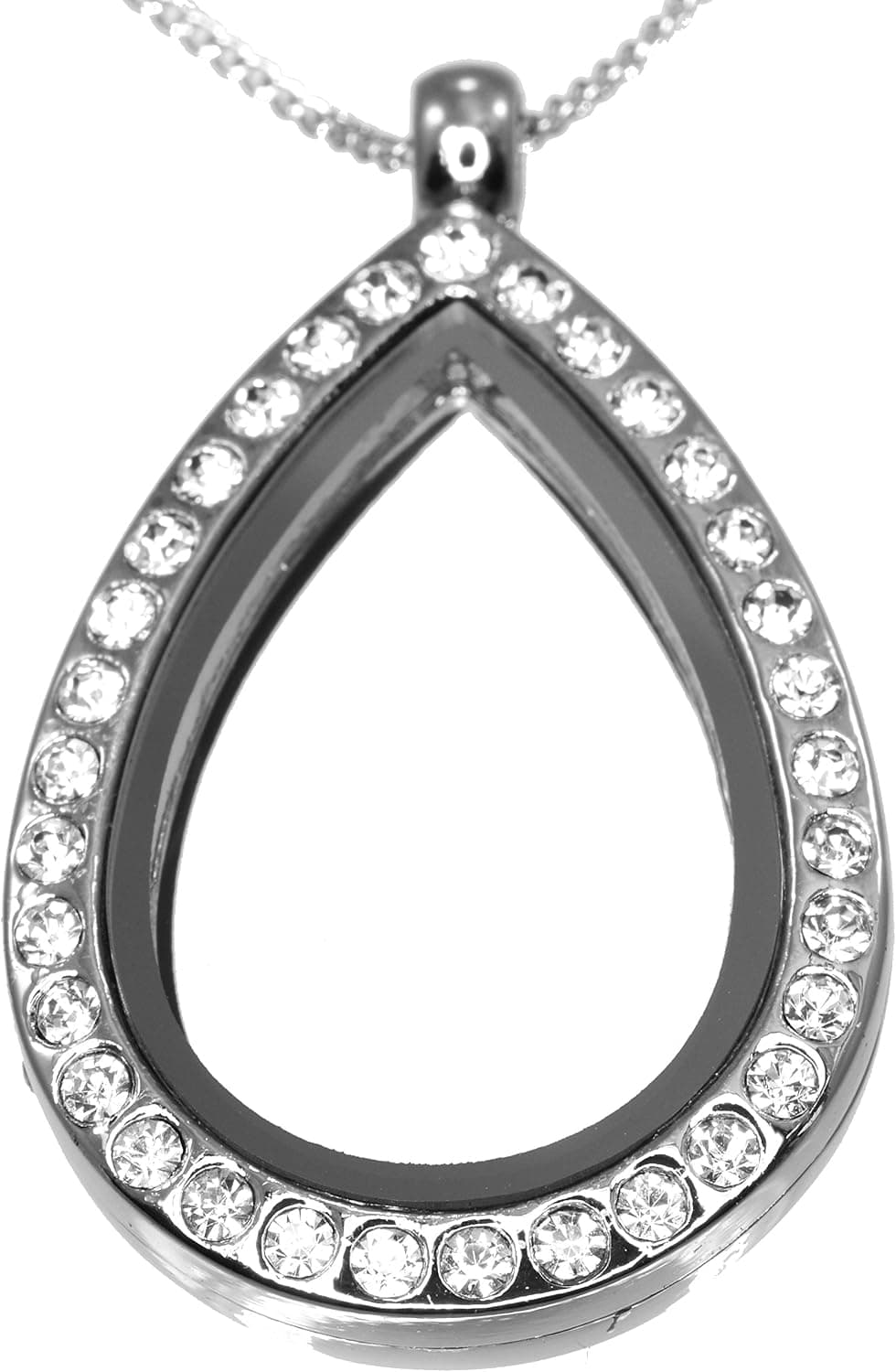 33mm Tear Drop Floating Charm Locket Chrystal Rim Silvertone Necklace 23 Inch Ball Station Chain 817