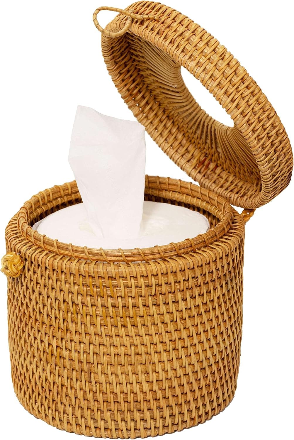 Rattan Tissue Box Toilet Paper Cover Wicker Decorative Holders with Lid 5.9 Dia X 5.5 H in for Storage Single Roll and Tissues Protector in Bathroom, Round Toilet Holder Basket (Honey Brown)