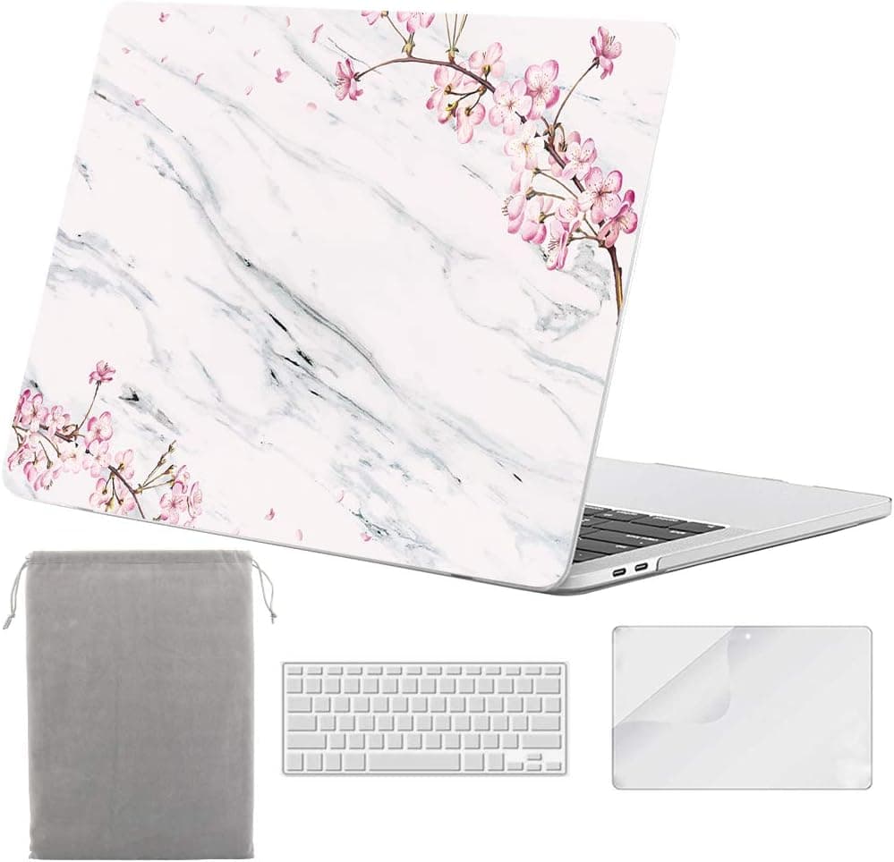 Sykiila for MacBook Pro 15 Inch with Touch Bar Case 2020 2019 2018 2017 for Model A1707 / A1990 HD Screen Protector & Keyboard Cover & Sleeve 4 in 1 - Floral White Marble