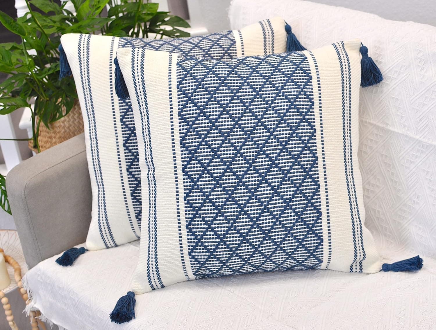 Boho Throw Pillow Covers with Tassels Navy Blue/Off White, 18x18 inch - Set of/Decorative Living Room Cushion Covers/Farmhouse Designer Woven Pillowcases/Modern Accent Cushion Covers