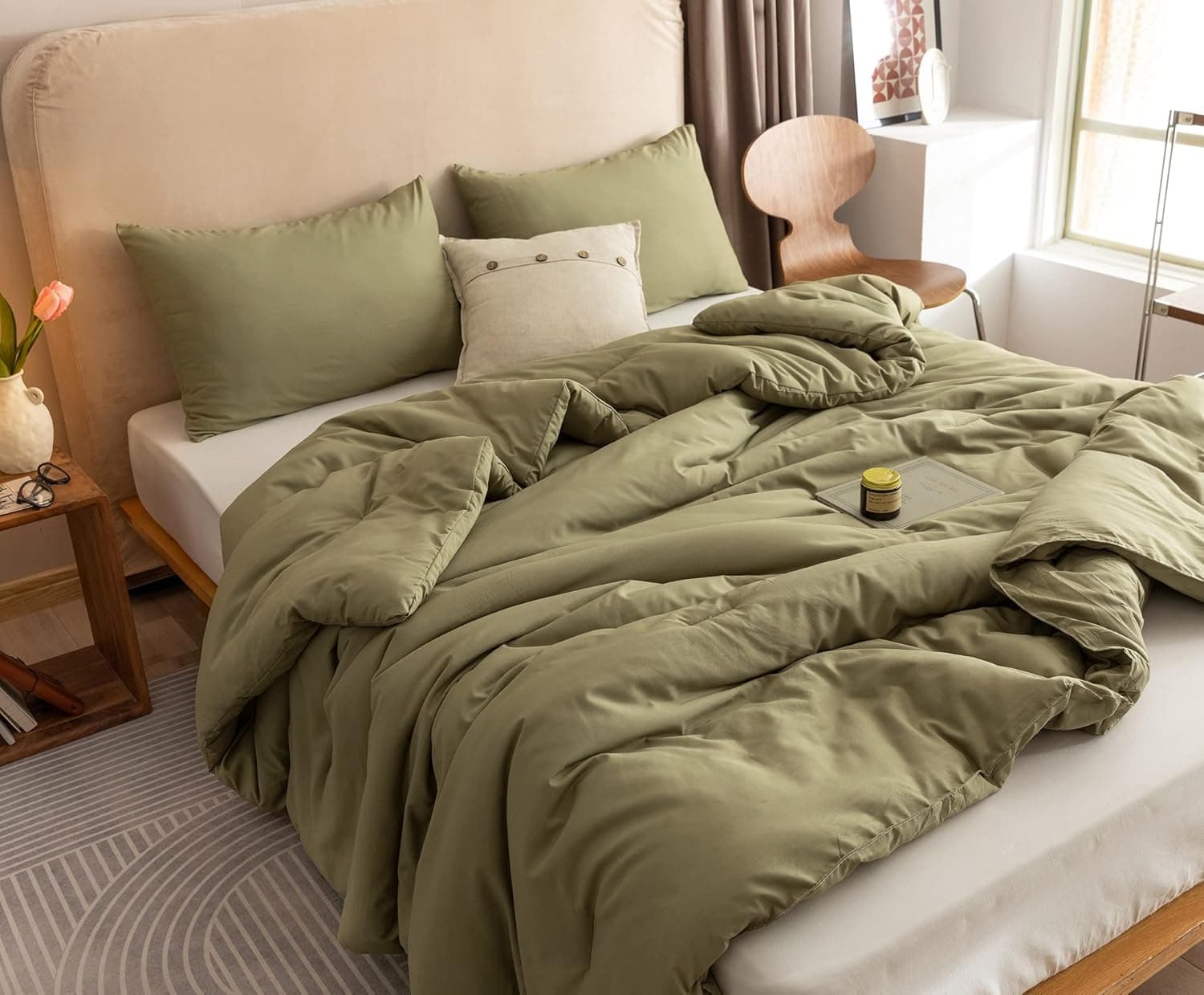 ROSGONIA Olive Green Comforter Set King- 3pcs (1 Comforter & 2 Pillowcases) Simple Style Solid Color King Comforter Set for Women and Men- Reversible Soft Warm Microfiber Comforter for All Season
