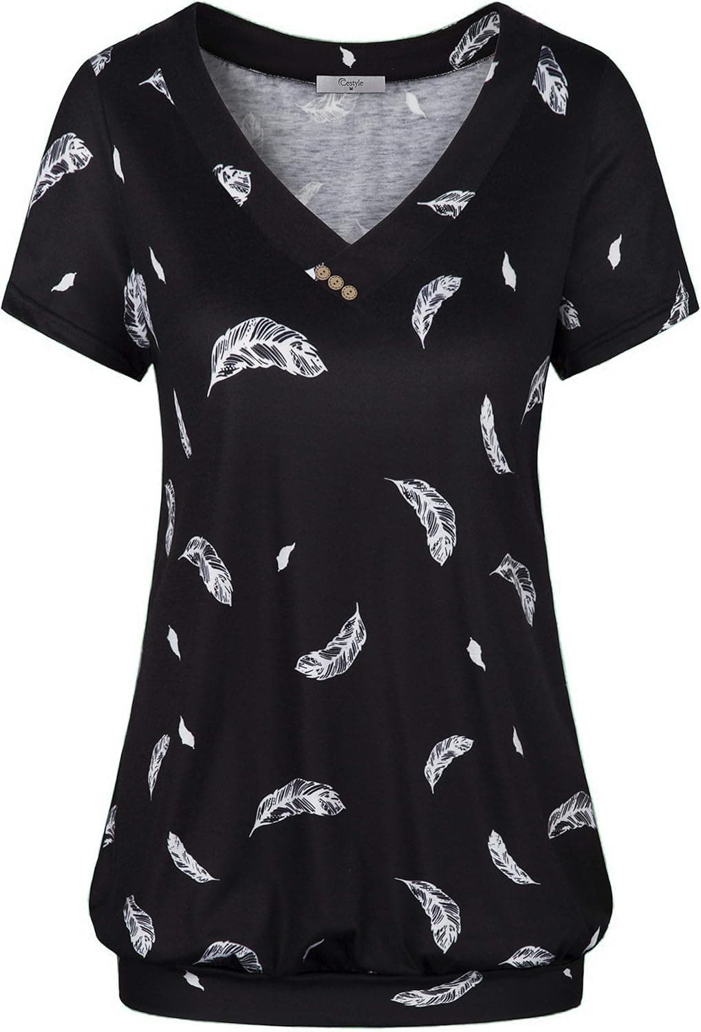 Cestyle Women's V Neck Short Sleeve Banded Hem T Shirt Tops