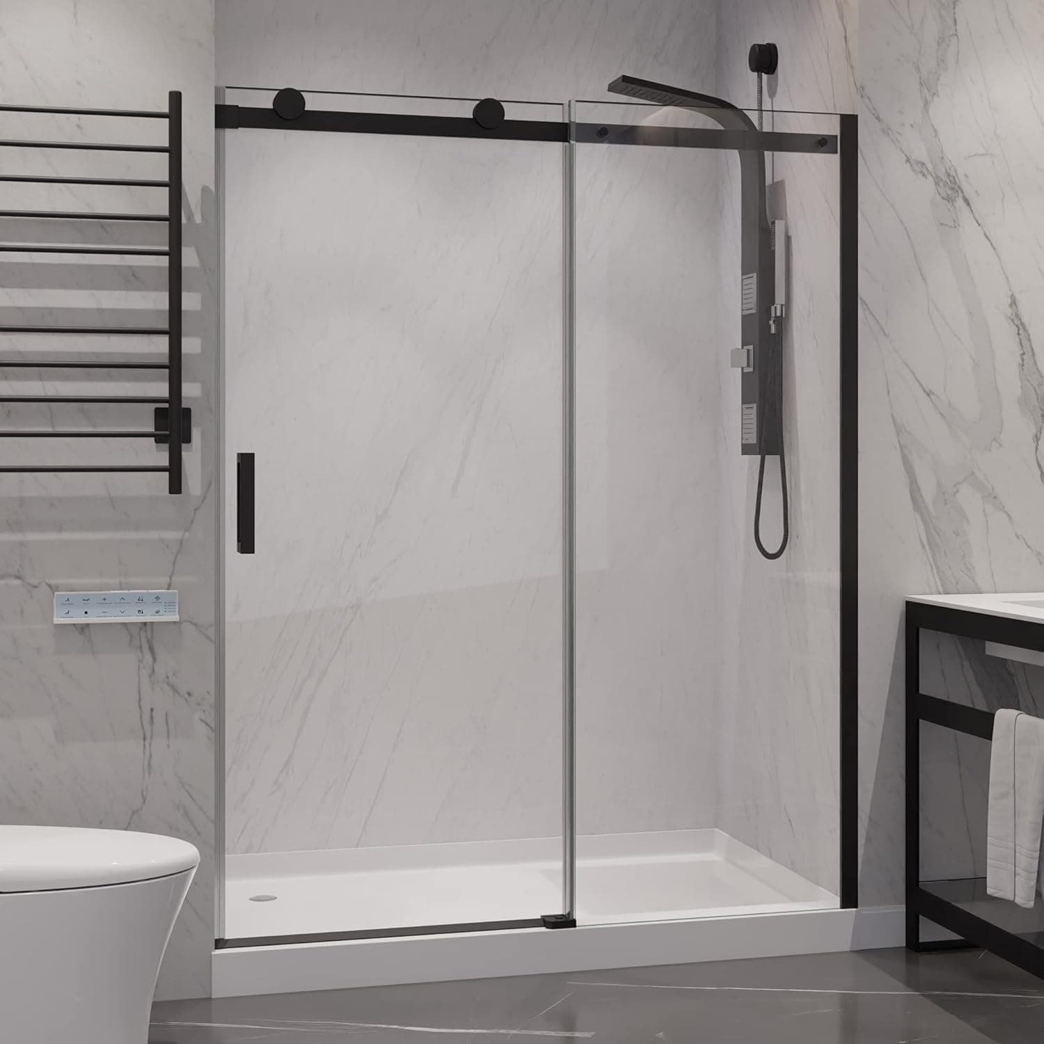 76 x 48 inch Frameless Shower Door in Matte Black | Rhodes Water Repellent Glass Shower Door with Seal Strip Parts and Handle | Easy Gilde Rollers Sliding Shower Door | SD-FRLS05701MB