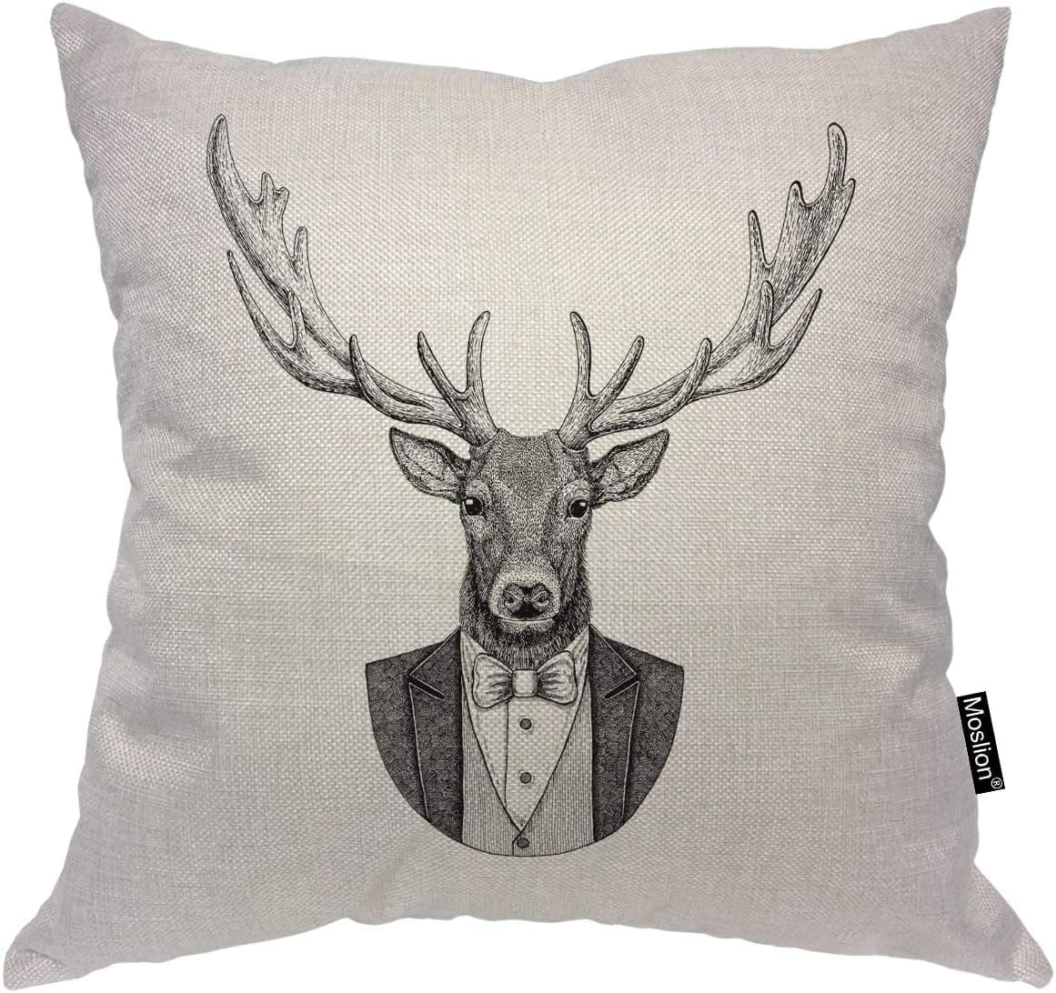 Moslion Deer Pillow Home Decorative Throw Pillow Cover Mr Deer in Business Suit Bowknot Square Cushion Cover Standard Pillow Cases for Mens Boys Sofa Bedroom Livingroom 18"x18" Black White