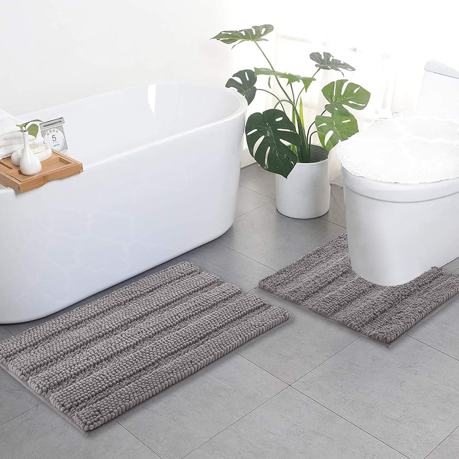NICETOWN Bath Rug Sets, Extra Thick Chenille Striped Pattern Bath Rugs for Bathroom, Non-Slip Soft Plush Shaggy Bath Mats, Indoor Rugs for Entryway (Dove Grey, 20 x 32 Plus 24 x 24 U - Inch)