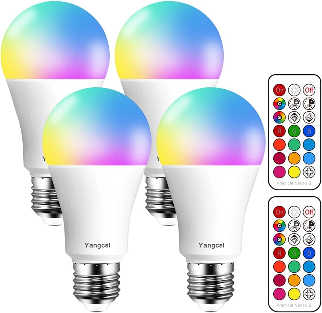 Yangcsl LED Light Bulbs 70W Equivalent, RGB Color Changing Light Bulb, 2 Moods/Memory/Sync/Dimmable, A19 E26 Screw Base, Timing Remote Control Included (Pack of 4)