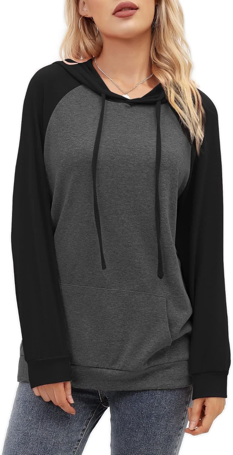 Women's Color Block Hoodie Casual Drawstring Pullover Sweatshirts Long Sleeve Top with Pocket