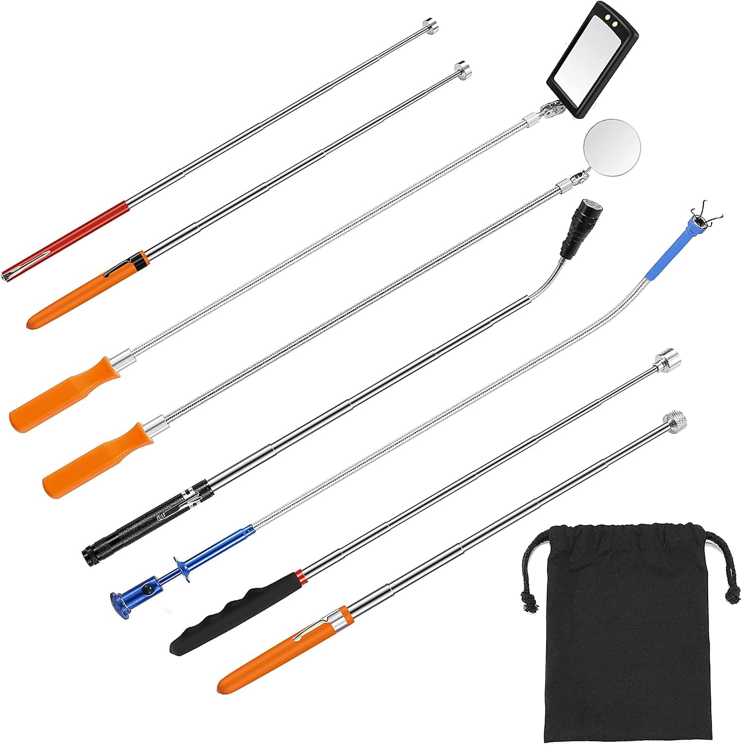 8PCS Magnetic Telescoping Pickup Tool,Flexible Magnet Stick Kit with Adjustable Inspection Mirror and Flexible LED Flashlight,Pick Up Rod,Magnet Pick Up Gadget Tool,Gift for Men,Father‘s Day