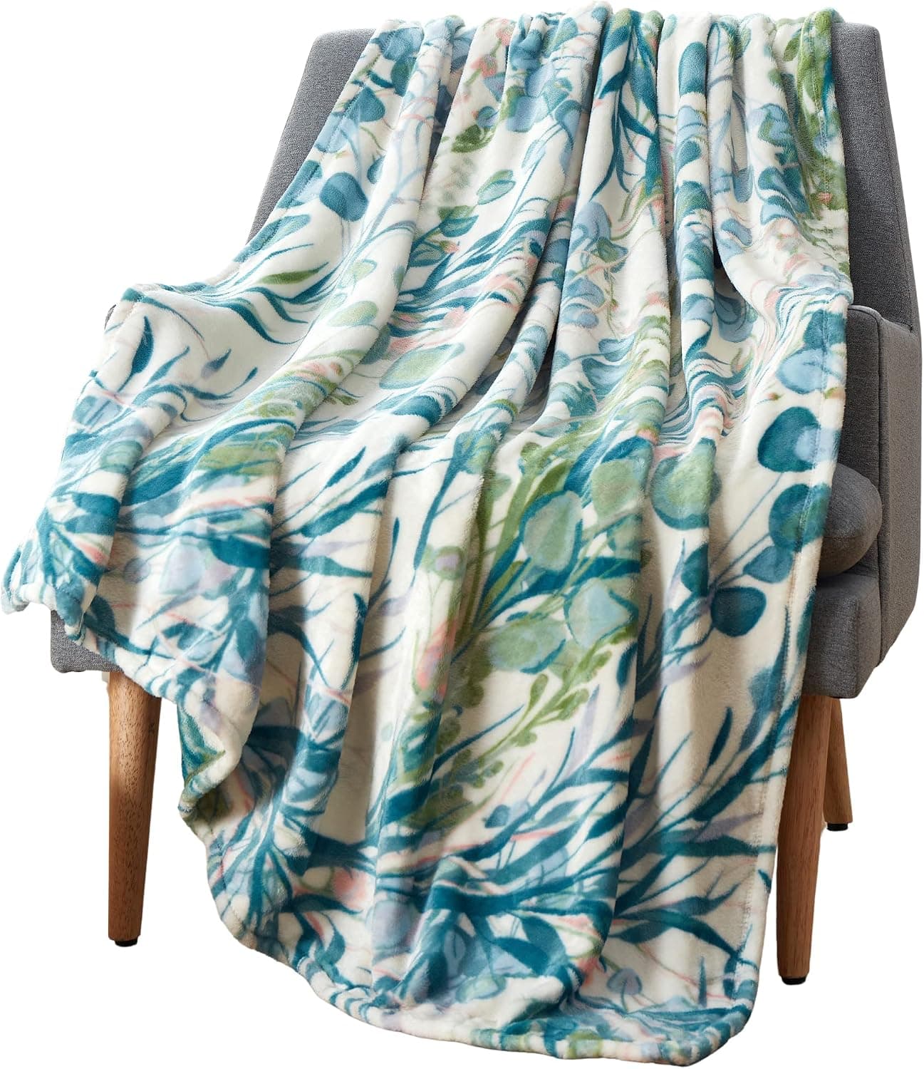 Watercolor Botanical Mother's Day Green Throw Blankets: Soft Plush Floral Leaf Accent for Sofa Couch Chair Bed or Dorm, Color: Green Teal Blue Pink White (Serenity)