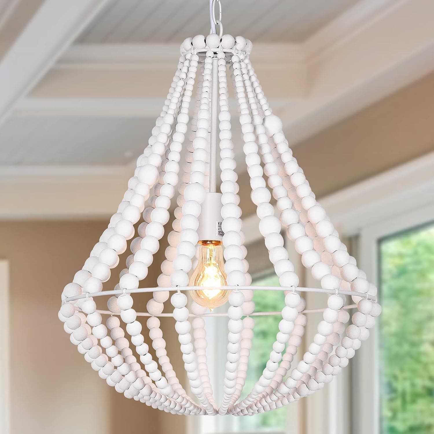ANKARL Boho Light Fixtures, Wood Beaded Chandelier, Farmhouse Pendant Light, 1-Light, White Ceiling Hanging Light for Bedroom, Living Room, Dining Room, Kitchen, Hallway, 16.5"