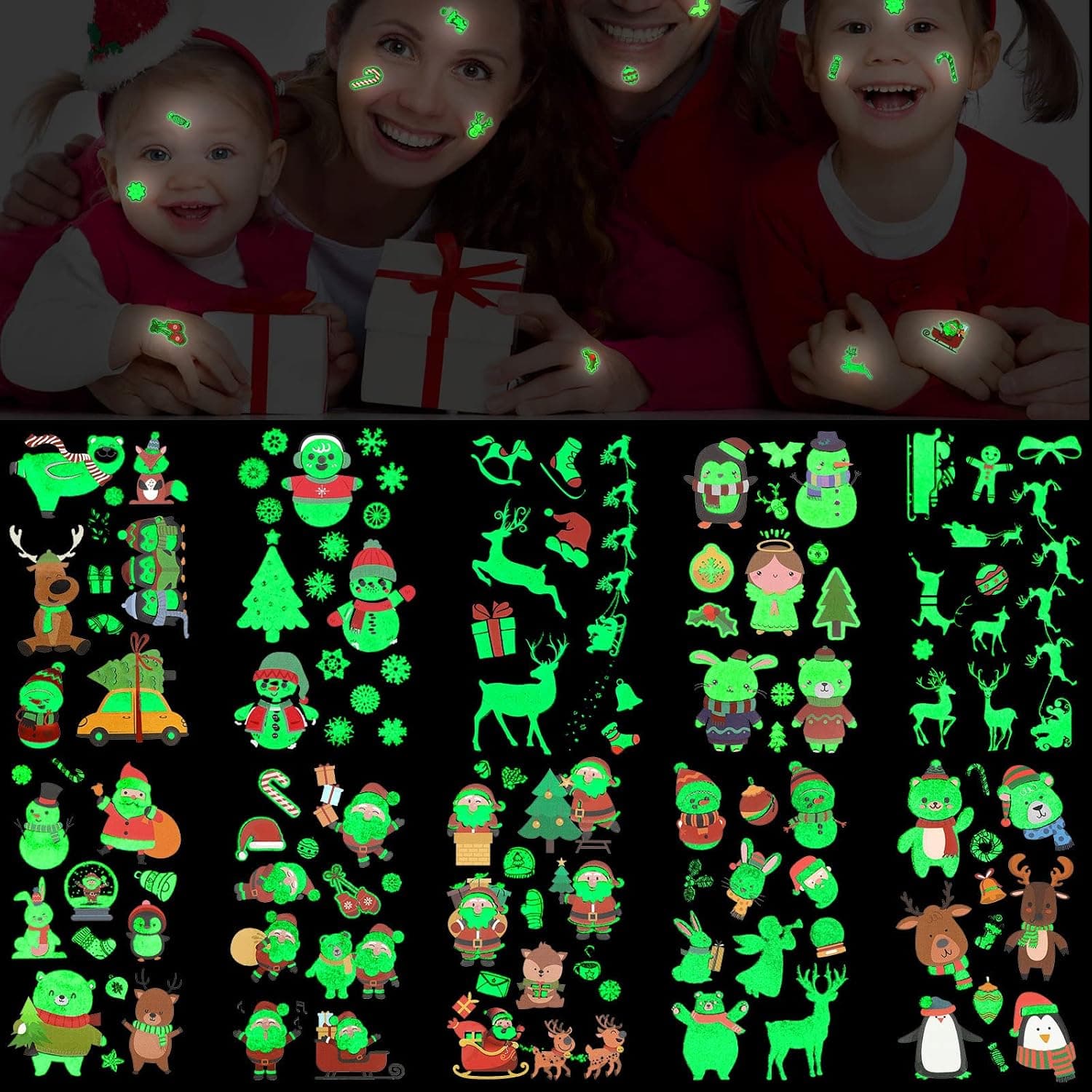 375 Pieces Christmas Luminous Temporary Tattoos for Boys Girls Stocking Suffers, Glow in the Dark Tattoo Sticker Christmas Party Birthday Decorations, Xmas Holiday Stickers Games, 30 sheets