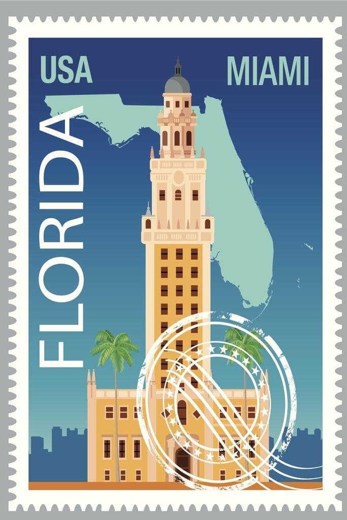 Miami Florida Freedom Tower Vintage Travel Stamp Cool Wall Decor Art Print Poster 24x36