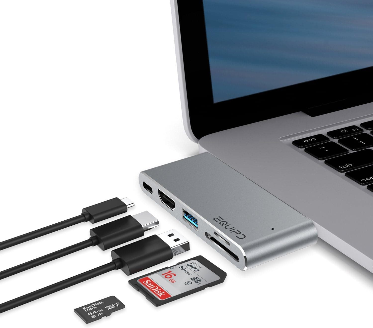 EQUIPD USB C Hub For MacBook Pro 13" & 15" 2016/2017, Aluminum Type C to 4K HDMI Combo Hub Adapter, Charging port, Thunderbolt 3 port, MicroSD/SDHC/SDXC Card Reader, USB 3.0 Port, USB-C port - Grey