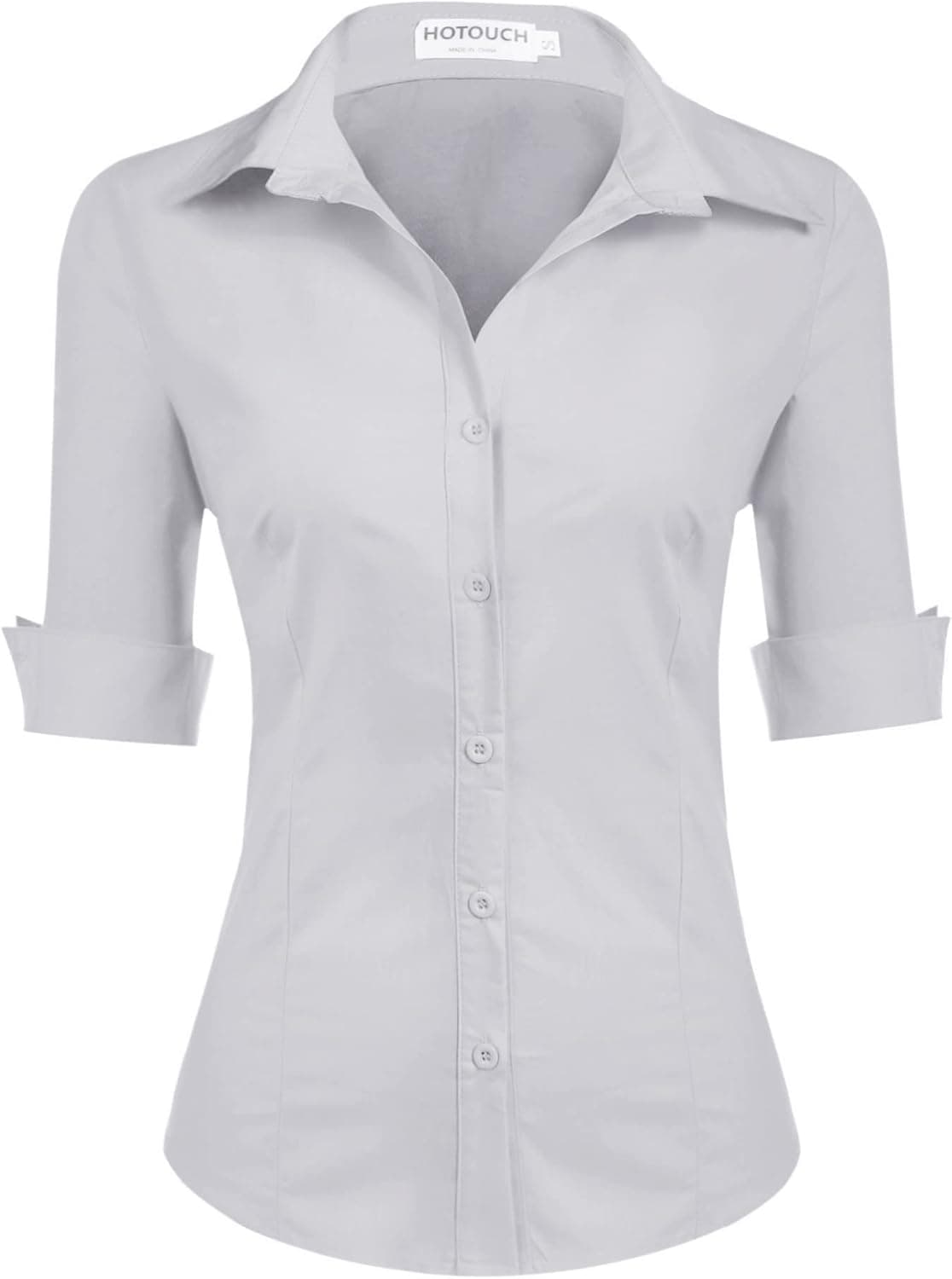 Hotouch Womens 3/4 Sleeve Basic Button Down Shirt Slim Fit Cotton Dress Shirts