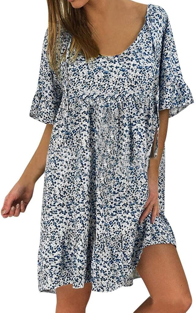 WILLBE Ladies Round Neck Dress Ruffle Short Sleeve Print Chiffon Dress Women Dresses Cold Shoulder Casual Swing Dress