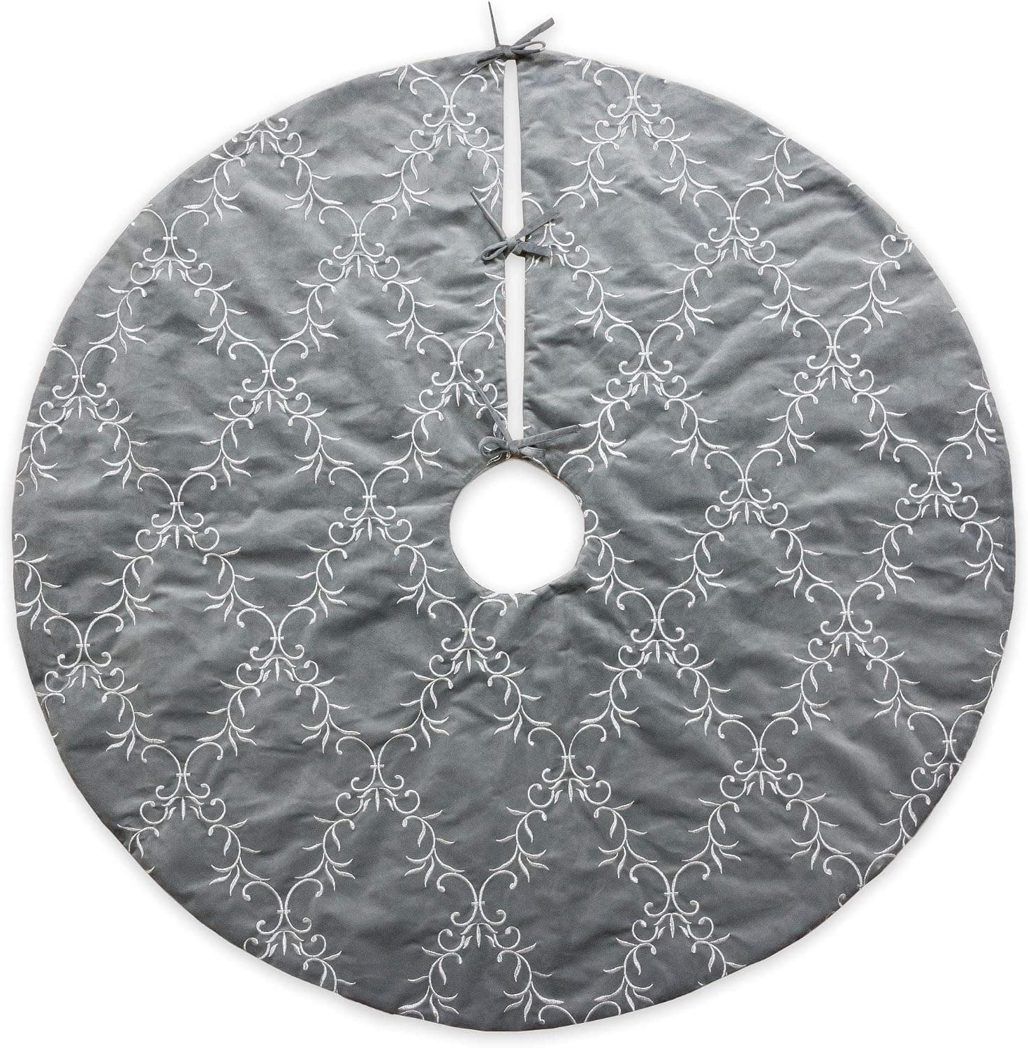Homey COZY 56 inch Large Christmas Tree Skirt,Gray and Silver Floral Vine Luxury Embroidered Velvet Christmas Decoration - Holiday Wreath