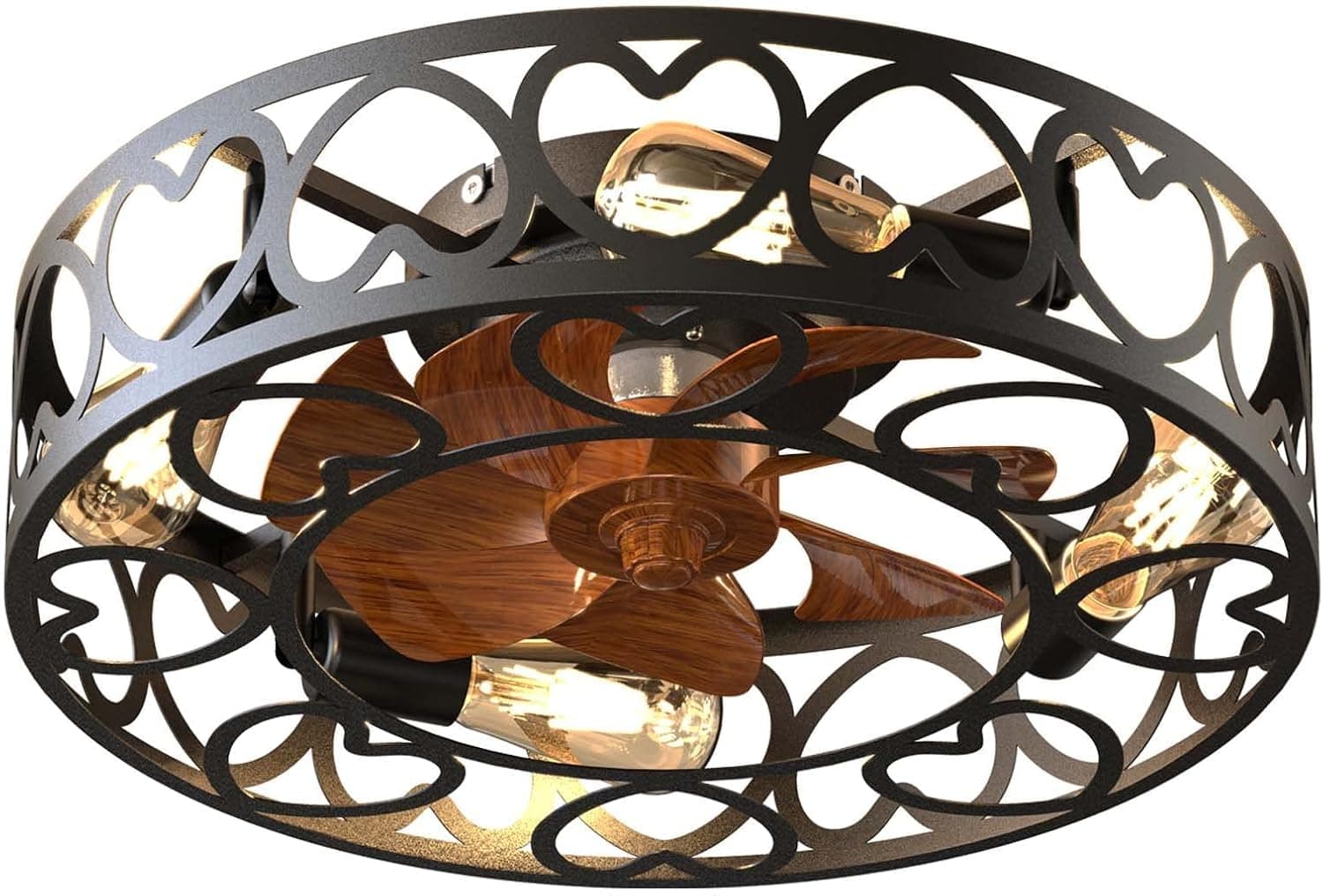 PSHRFANST Low Profile Caged Ceiling Fan with Lights Remote Control, Flush Mount Modern Industrial Ceiling fans, 6 Speeds Reversible Blades, Include 5 LED Bulbs (Black)