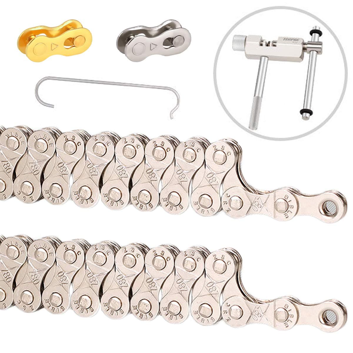 N/Y 6/7/8 Speed Bicycle Chain, 116 Links ​​Steel High Strength Bike Derailleur Chain for 6/7/8 Gear Road Mountain Bicycle with Chain Breaker and Chain Checker Include 2 Pairs Bicycle Missing Link