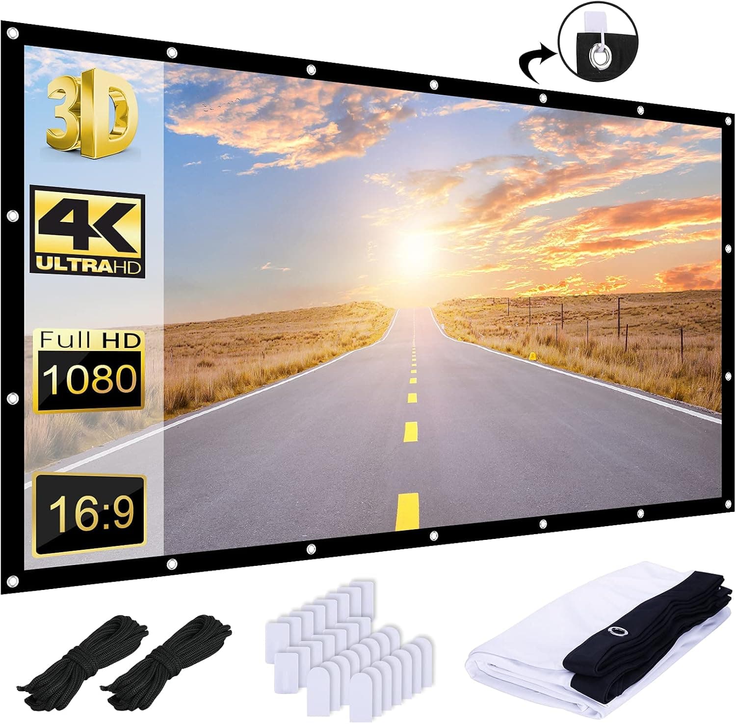 120 inch White Projector Screen, AAJK Projection Screen16:9 HD Hanging Movie Screen Foldable Anti-Crease, for Outdoor, Indoor