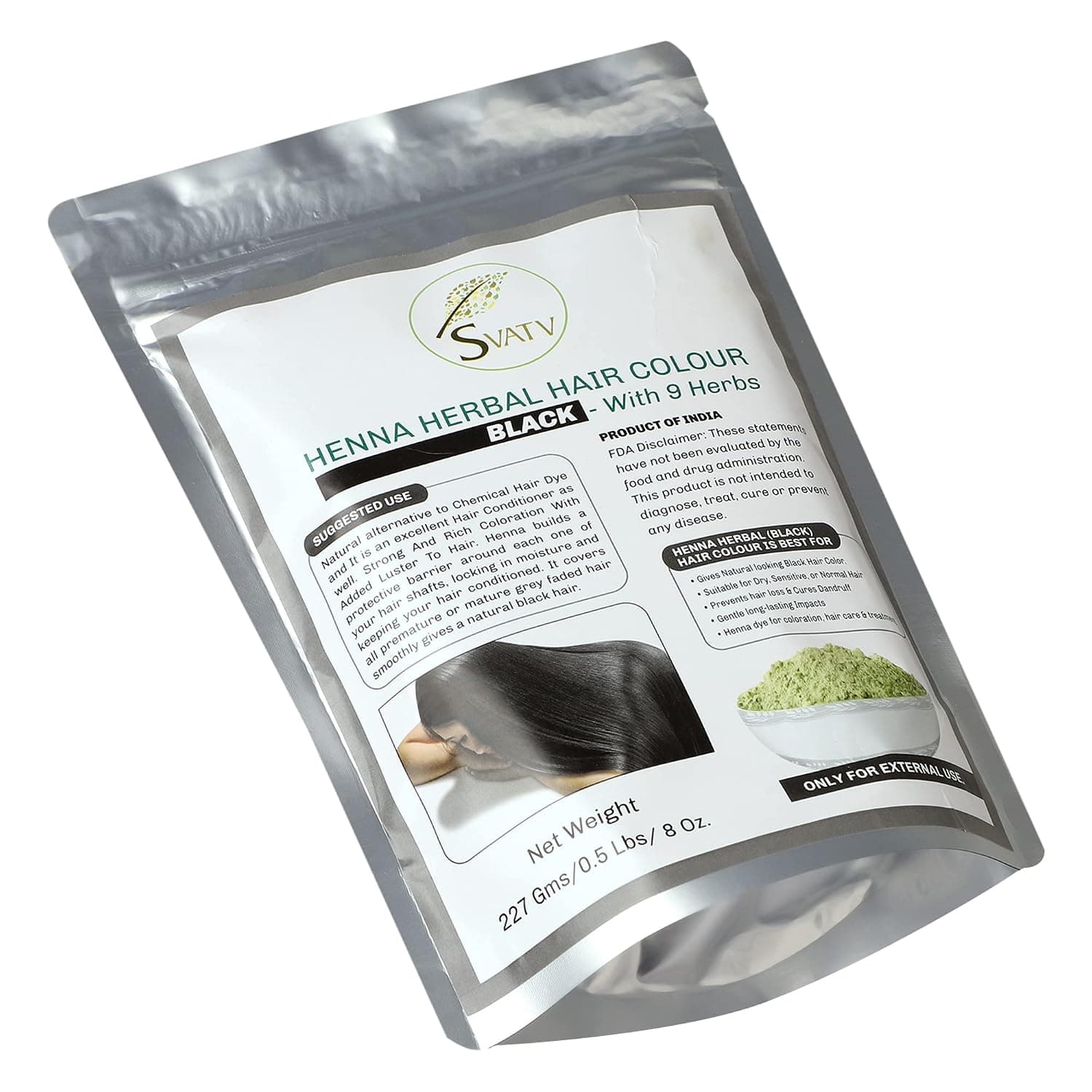 SVATV Black Henna Hair Color with Goodness of 9 Herbs | Black Henna Mehndi for Hair, Make Hair Soft & Shiner Natural Hair Color for Men & Women 227g,08oz Half Pound