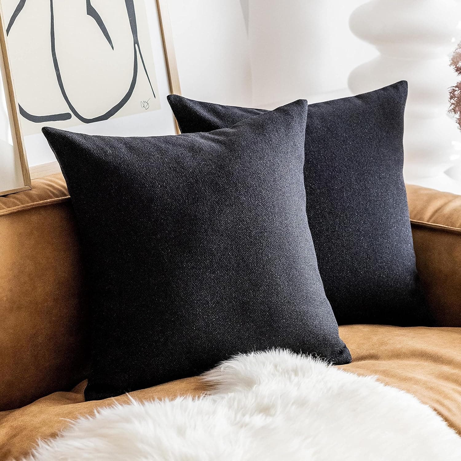 Home Brilliant Black Pillow Covers 18x18 Canvas Linen Throw Pillow Cover for Couch Throw Pillows Decoration, 18 inches, 45 x 45 cm, Set of 2, Black
