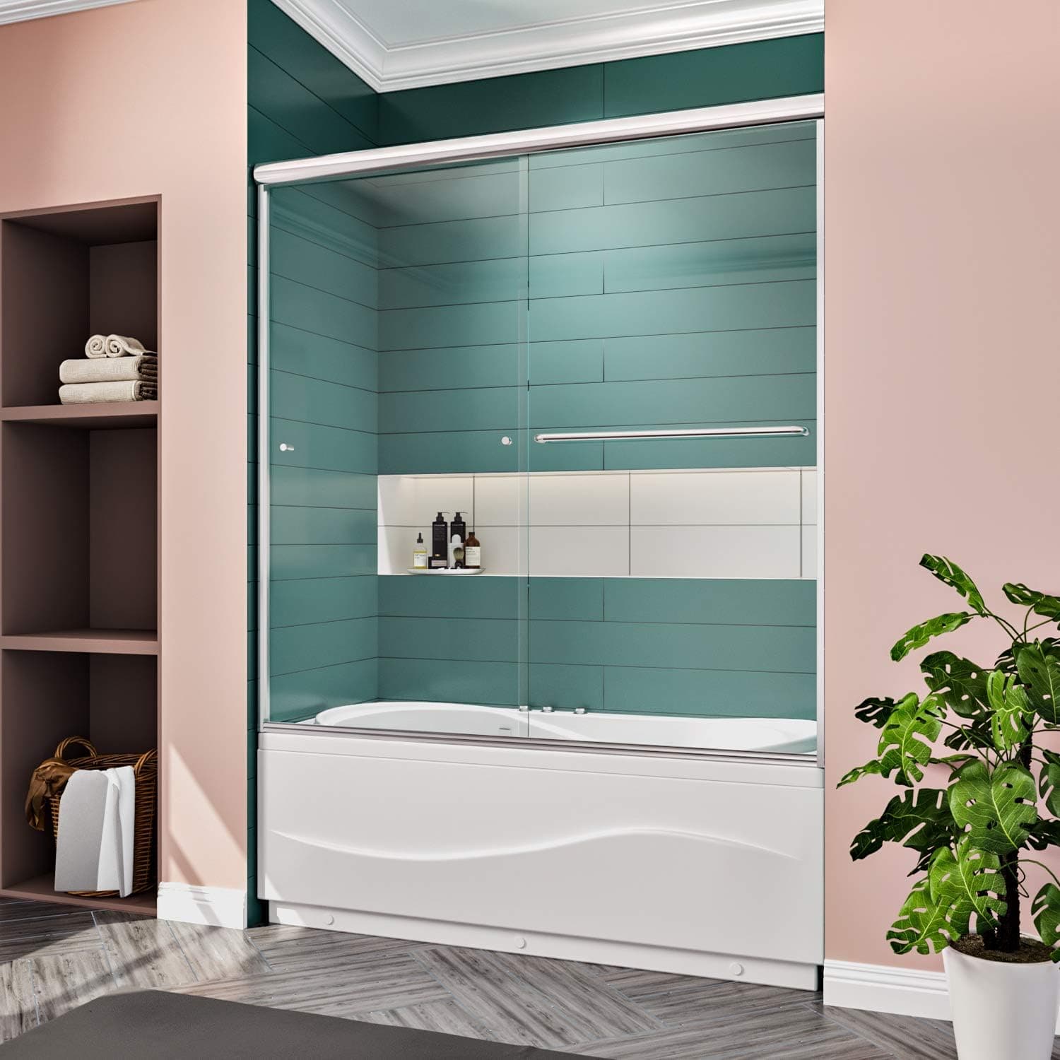 ELEGANT Bypass Sliding Bathtub Shower Door, 1/4 in. Clear Tempered Glass Tub Shower Door, 60 in. W x 62 in. H Bathtub Sliding Door Enclosure, Chrome Finish