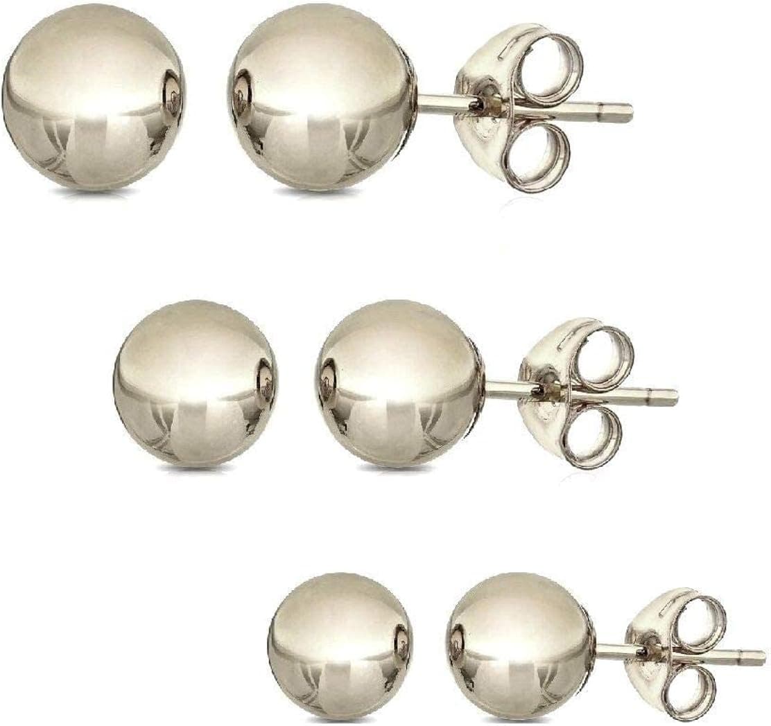 14K Solid Gold Ball Stud Earrings (3-Pair-Pack) 3MM 4MM and 5MM - Choose a Color
