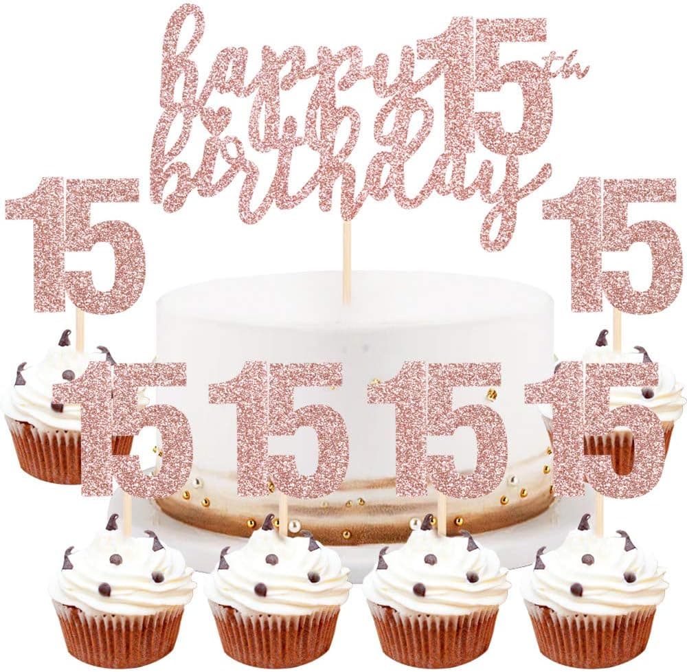 LVEUD Happy Birthday Cake Topper Rose Gold 15th Birthday Happy Cake Topper，Digital 15 Paper Cup Cake Topper，Birthday Party Decorations（1+6） (15)